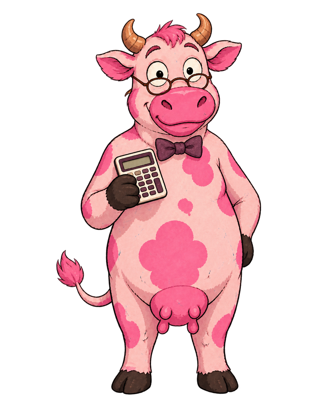 Archie, a delighted pink cow accountant with little glasses and a calculator